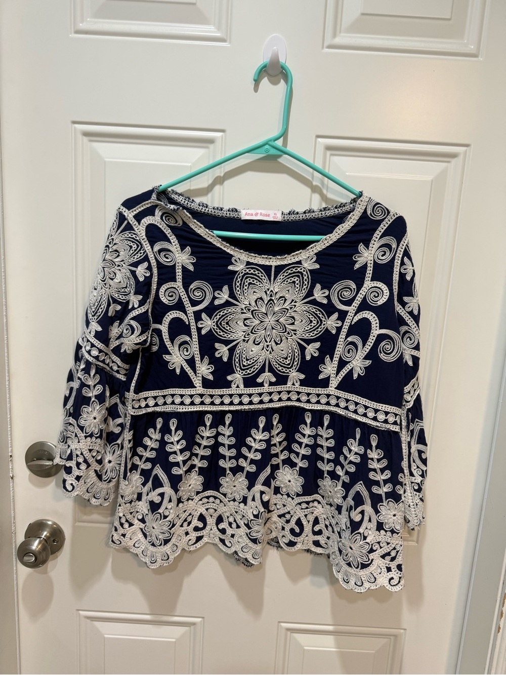 Navy and white  Embroidered Peasant boho babydoll shirt with flair sleeves